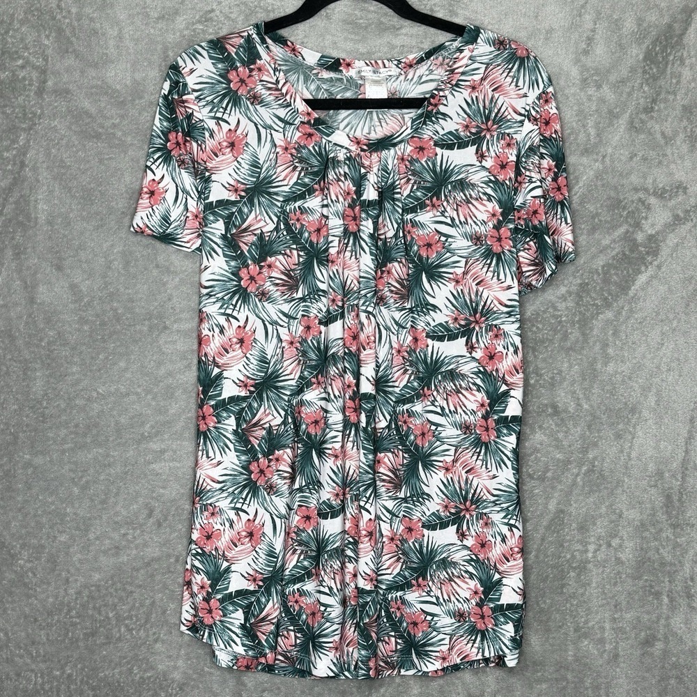 Emily Stacy 3X Shirt Top Green Pink Floral Flower Short Sleeve V‎ Neck Stretch